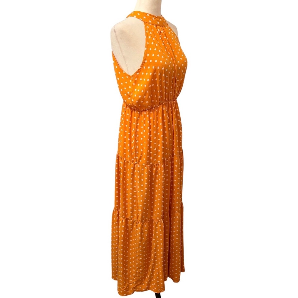 Retro Style Polka Dot Halter Tiered Maxi Dress Orange White Size Medium Summer - Picture 5 of 10
